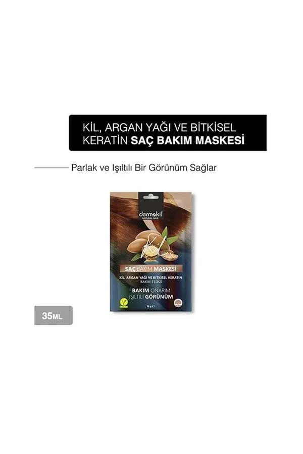 Dermokil Vegan Saç Bakım Maskesi Kil Argan Yağı ve Bitkisel Keratin Bakım 3'lüsü Bakım Onarım Işıltılı Görünüm 35 ml x 3 Adet