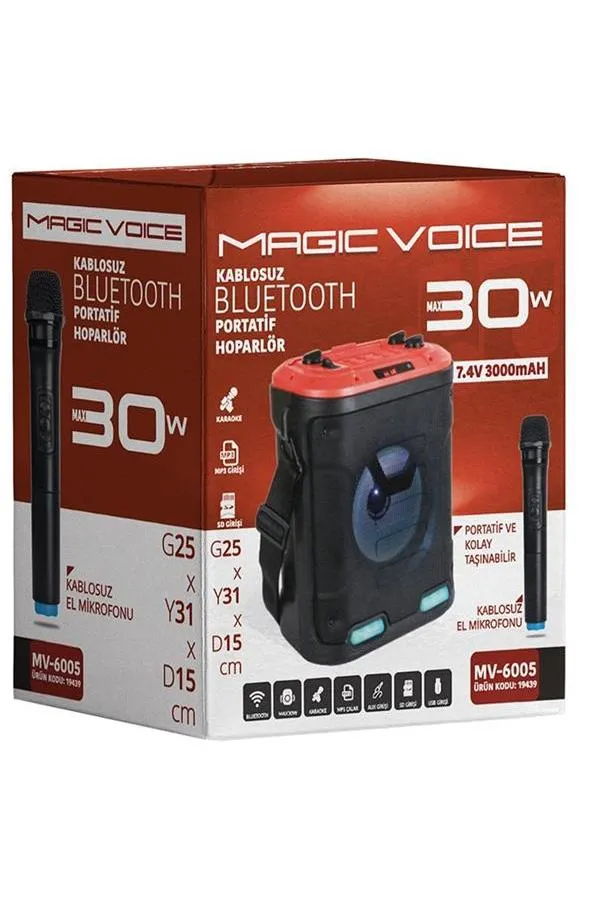 Magicvoice MV-6005 VHF El Mikrofonlu USB-SD-Bluetooth Işıklı 30 W Taşınabilir Şarjlı Seyyar Anfi