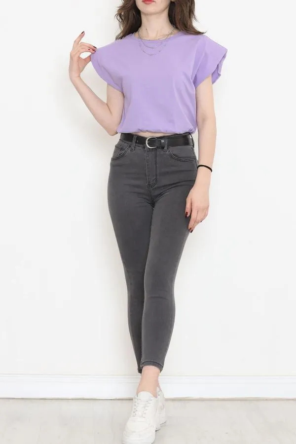 Beli Lastikli Crop Bluz Lila - 16552.1567.