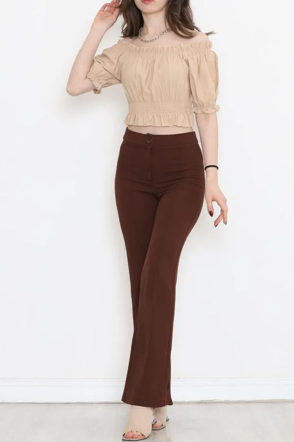 Bel Lastikli Crop Bluz Vizon - 18482.1153.