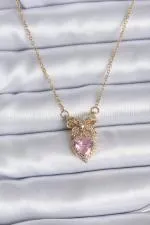 316L Çelik Gold Zincir Pembe Kristal Kalp Model Zirkon Taşlı Kurdele Model Kadın Kolye - TJ-BKO7745