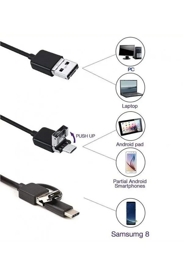 Endoskop 3 in 1 Yılan Kamera USB Micro Usb Type-C 2M Sert Kablo