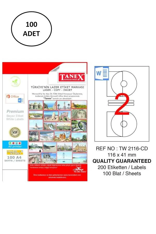 Tanex A4 Lazer Etiket TW-2116 116x41 mm 100lü Paket