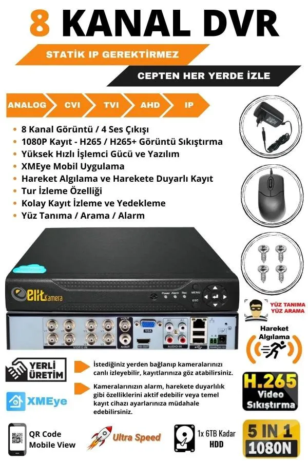 8 Kameralı Metal Panda Kasa Sony Lensli 1080P Full HD Gece Görüşlü Kamera Seti 500GB Hard Disk -8P