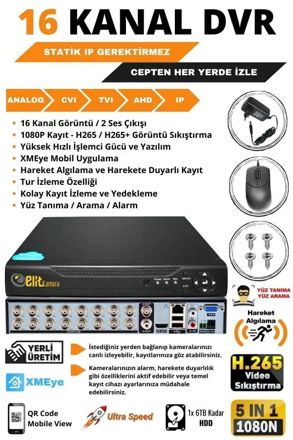 16 Kameralı Metal Uzay Kasa Sony Lensli 1080P Full HD Gece Görüşlü Kamera Seti 250GB Hard Disk -16U