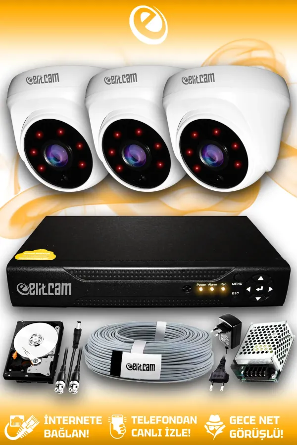 3 Full Hd Kamera Dome Set 250 Gb Hdd Dahil 3 Iç Mekan Gece Görüşlü Güvenlik Sistemi