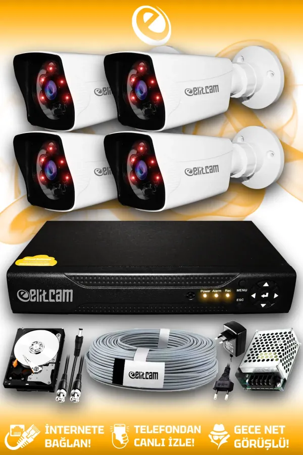 4 Full Hd Kamera Kare Set 500 Gb Hdd Dahil 4 Dış Mekan Gece Görüşlü Güvenlik Sistemi