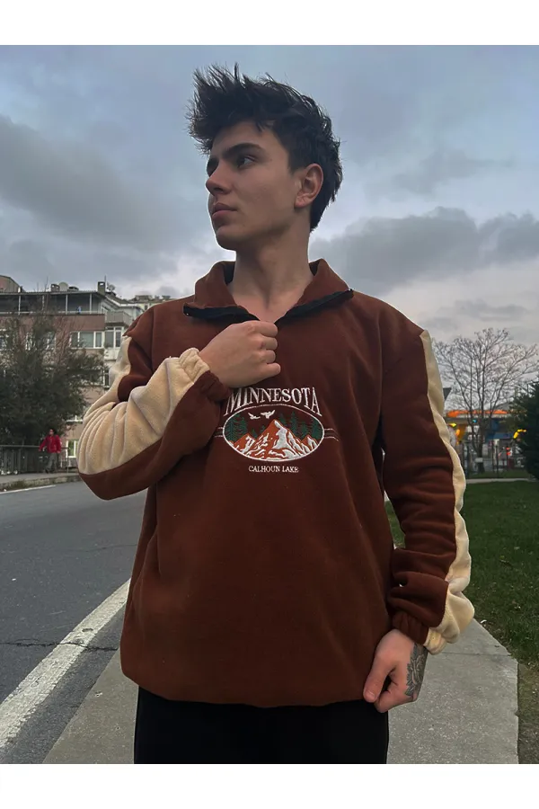 Yarım Fermuarlı Polar Kahverengi Hoodie Sweatshirt