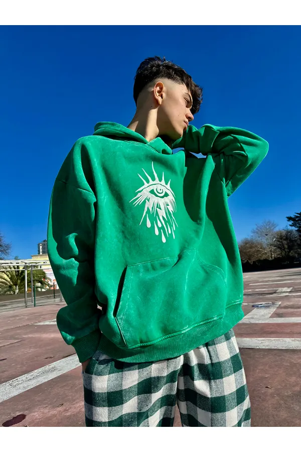 Kabartma Baskıllı Yeşil Oversize Hoodie Sweatshirt