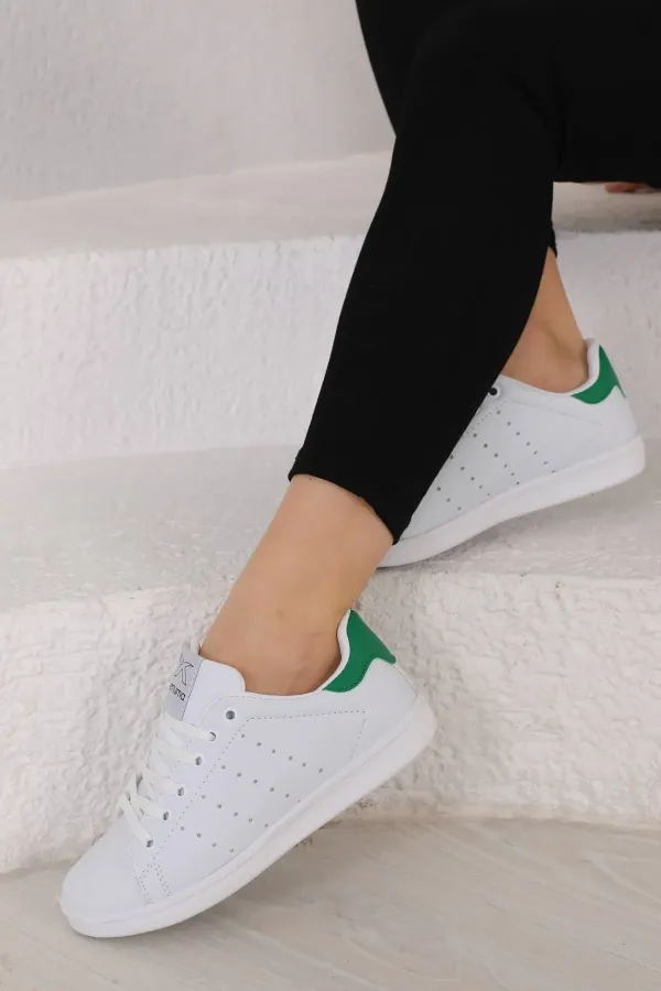 Günlük Bağcıklı Kısa Bilekli Şık Rahat Hafif Ortopedik Sneaker Unisex Spor Ayakkabı Beyaz-yeşil-beya