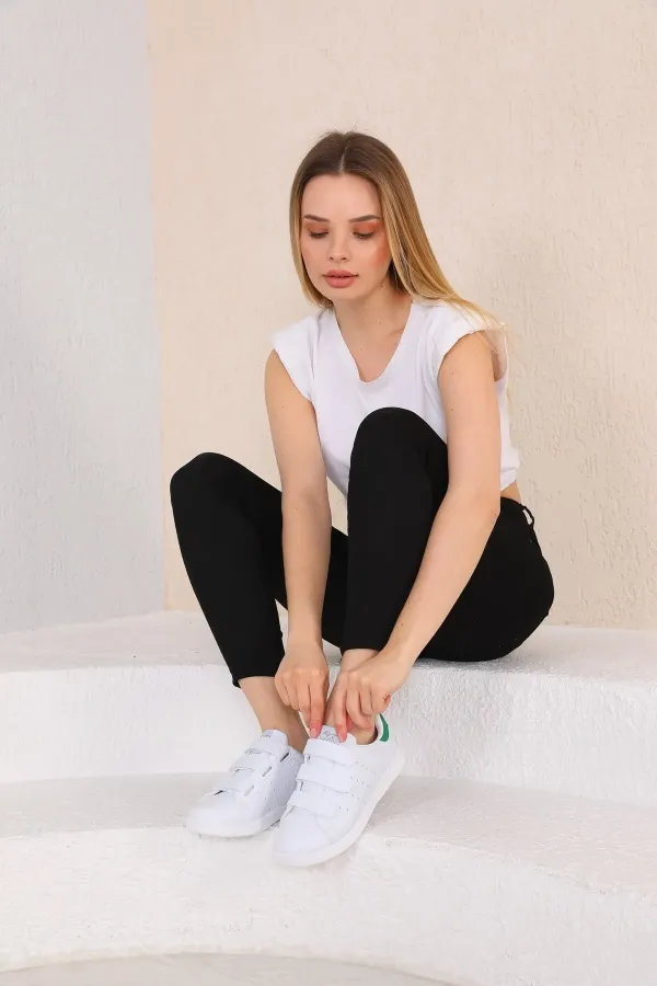 Günlük Cırtlı Kısa Bilekli Şık Rahat Hafif Ortopedik Sneaker Unisex Spor Ayakkabı Beyaz-yeşil-beyaz