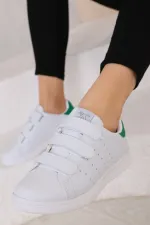 Günlük Cırtlı Kısa Bilekli Şık Rahat Hafif Ortopedik Sneaker Unisex Spor Ayakkabı Beyaz-yeşil-beyaz