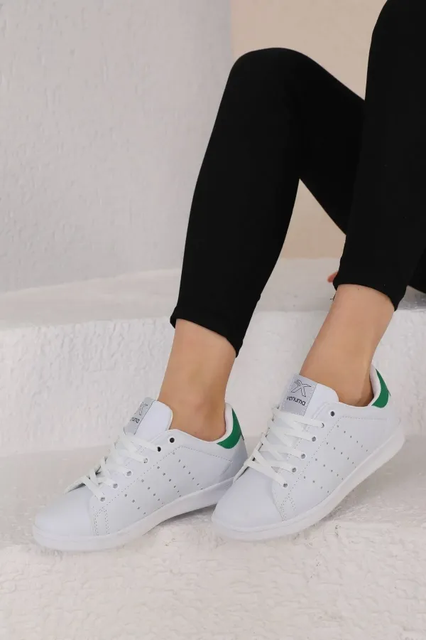 Günlük Bağcıklı Kısa Bilekli Şık Rahat Hafif Ortopedik Sneaker Unisex Spor Ayakkabı Beyaz-yeşil-beya