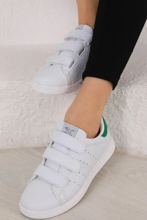 Günlük Cırtlı Kısa Bilekli Şık Rahat Hafif Ortopedik Sneaker Unisex Spor Ayakkabı Beyaz-yeşil-beyaz