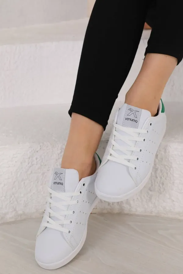 Günlük Bağcıklı Kısa Bilekli Şık Rahat Hafif Ortopedik Sneaker Unisex Spor Ayakkabı Beyaz-yeşil-beya