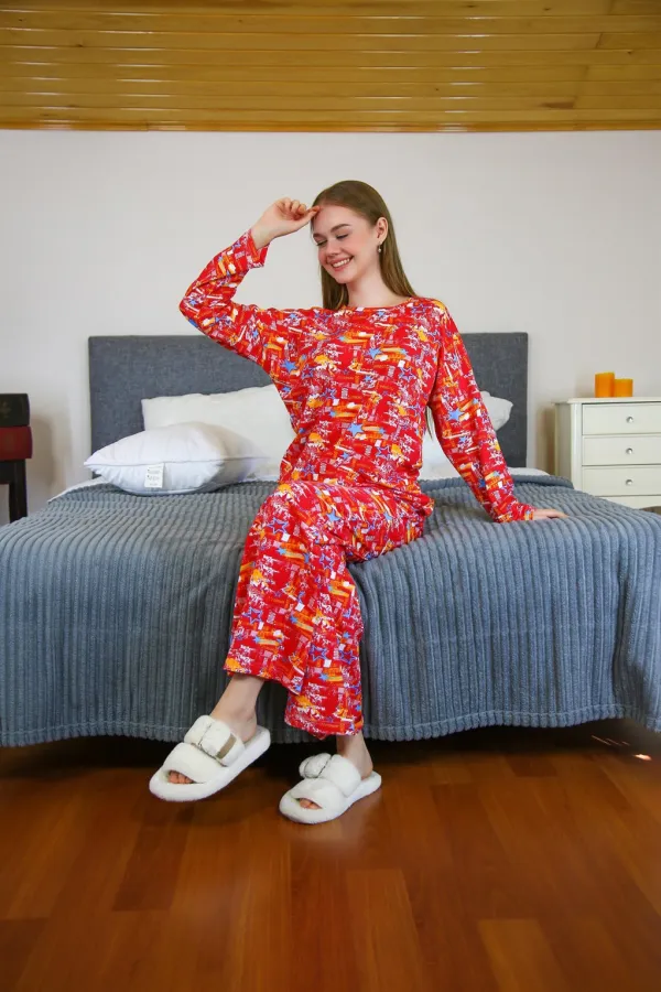 moda çizgi Kadın Penye Bol Paça Pijama Takım 4127