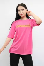 Moda Çizgi Bisiklet Yaka Oversize Tshirt Pembe