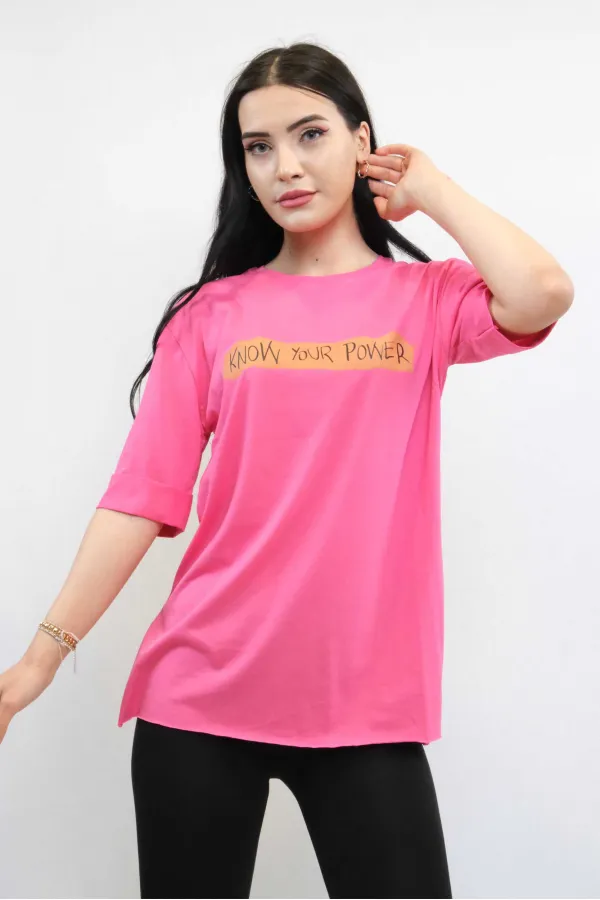 Moda Çizgi Bisiklet Yaka Oversize Tshirt Pembe