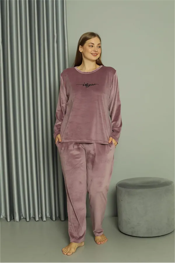 Moda Çizgi Büyük Beden Kadın Kadife Mor Pijama Takım 20628