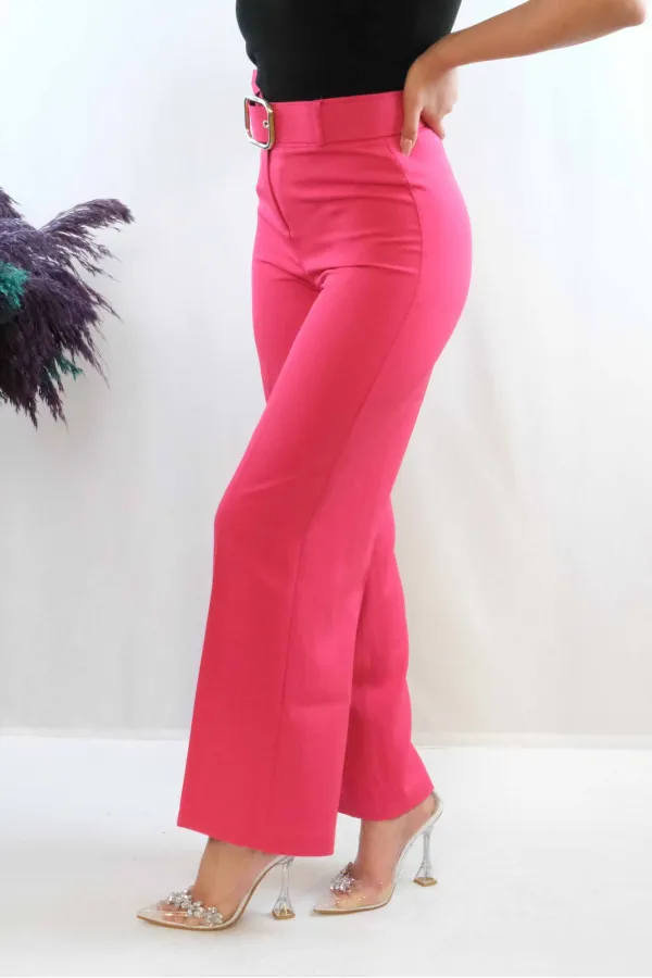 Moda Çizgi Kemerli Pantolon Pembe