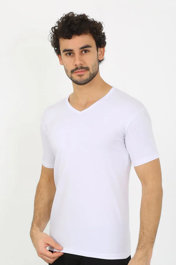 moda çizgi Erkek Likralı V Yaka Beyaz T-Shirt 65700