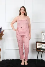 Moda Çizgi Kadın Büyük Beden Somon İp Askılı Pijama Takım 202196