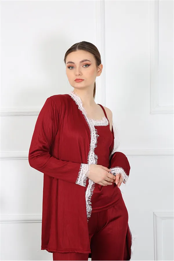 Moda Çizgi Kadın 3lü Bordo Sabahlık Takım 16108