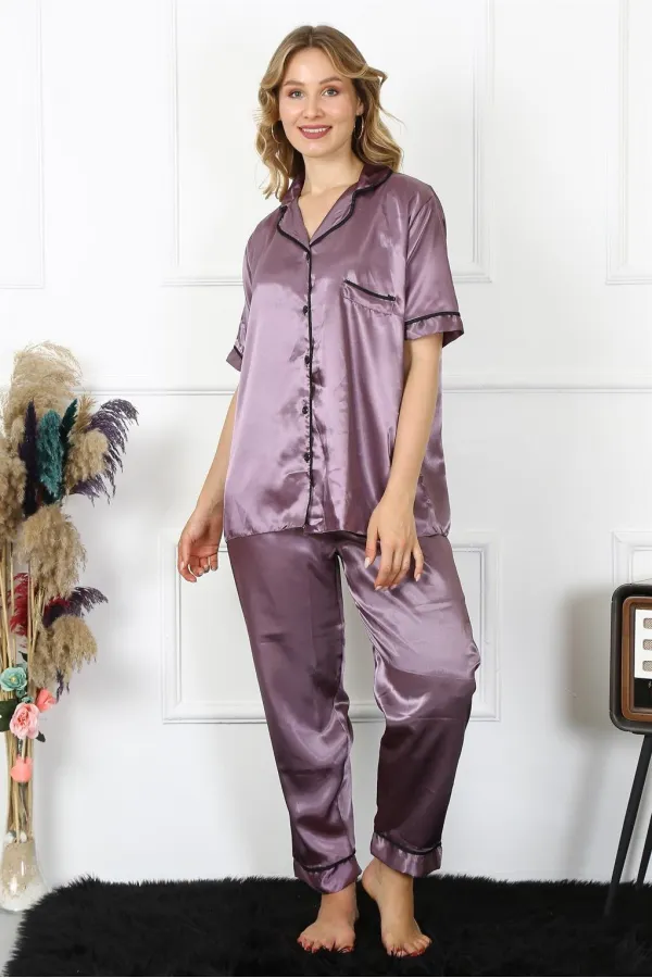 Moda Çizgi Kadın Büyük Beden Mor Saten Pijama Takımı 10303