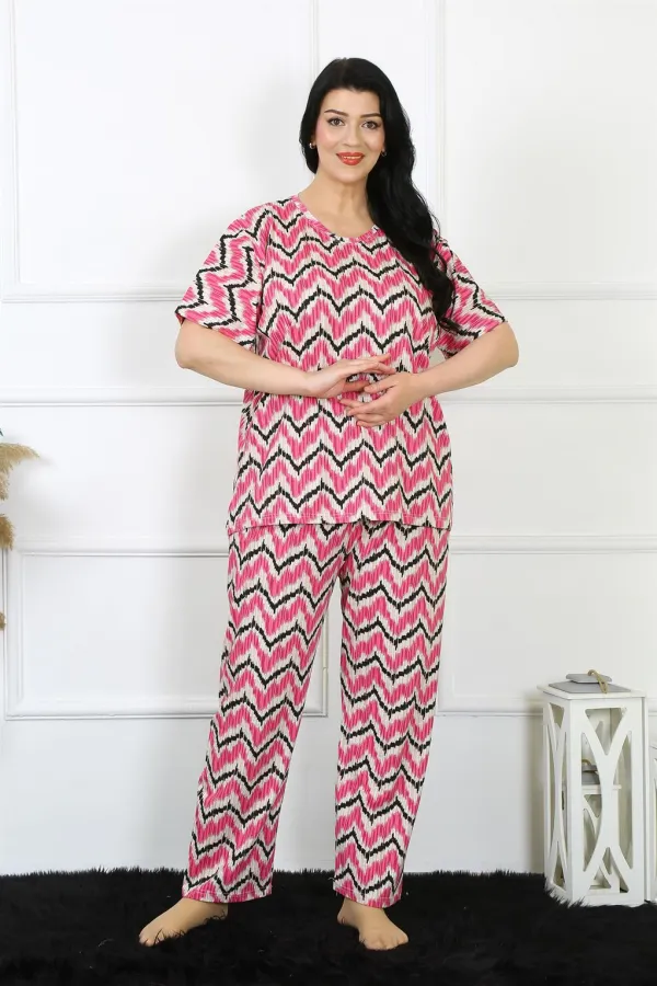 Moda Çizgi Kadın 5XL-6XL-7XL-8XL Büyük Beden Kısa Kol Pijama Takım 75009