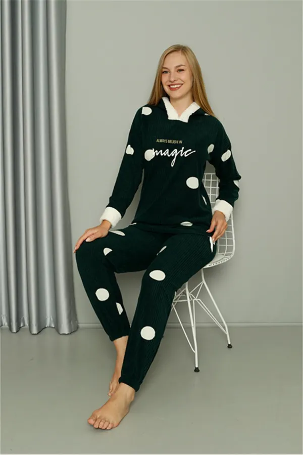 Moda Çizgi Welsoft Polar Kadın Kapşonlu Pijama Takımı 8512