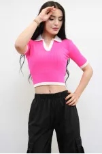 Moda Çizgi Renkli Yaka Triko Crop Pembe