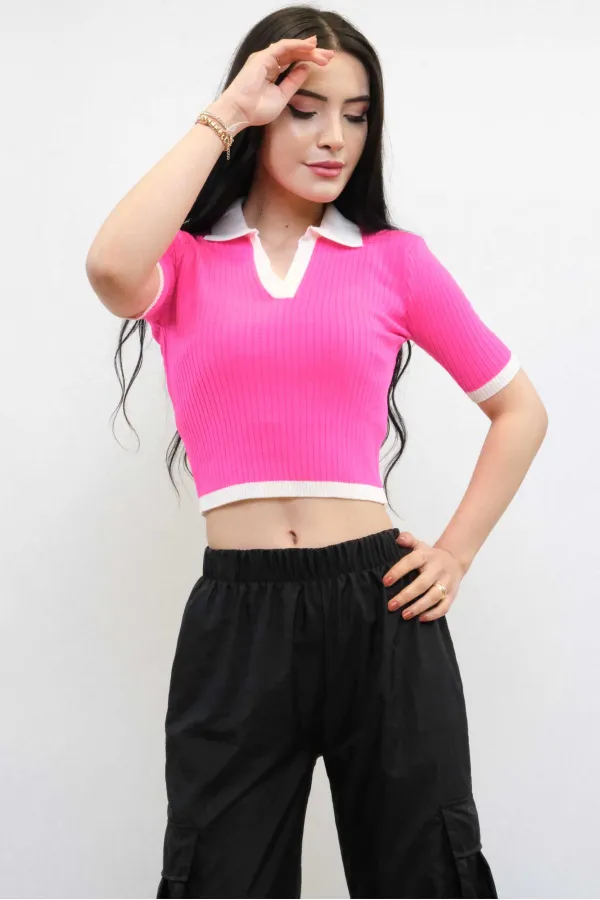 Moda Çizgi Renkli Yaka Triko Crop Pembe