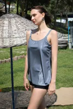 Moda Çizgi Kadın Şortlu Tankini Elbise Mayo Gri 36001