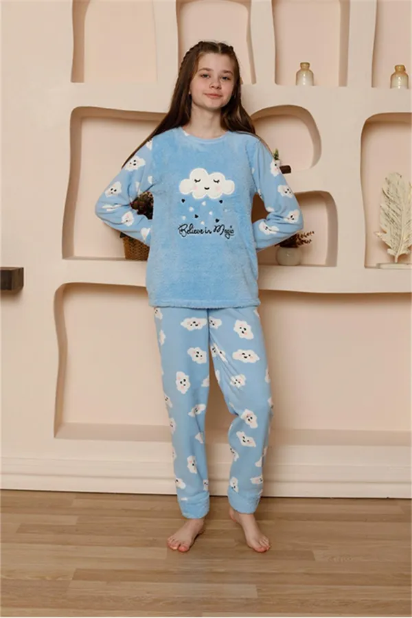 Moda Çizgi Kız Çocuk WelSoft Polar Mavi Pijama Takımı 20527