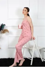 Moda Çizgi Kadın İp Askılı Somon Pijama Takım 4138