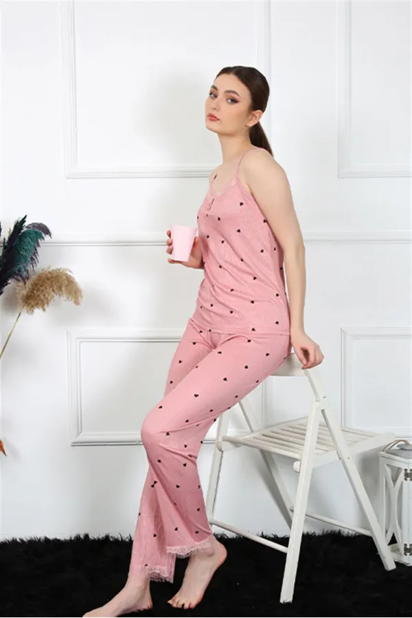 Moda Çizgi Kadın İp Askılı Somon Pijama Takım 4138