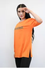 Moda Çizgi Bisiklet Yaka Oversize Tshirt Turuncu