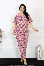 Moda Çizgi Kadın 5XL-6XL-7XL-8XL Büyük Beden Kısa Kol Pijama Takım 75009