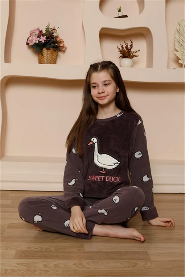 Moda Çizgi Kız Çocuk WelSoft Polar Mürdüm Pijama Takımı 20525