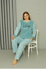 Moda Çizgi Welsoft Polar Kadın Büyük Beden Su Yeşili Pijama Takımı 808046