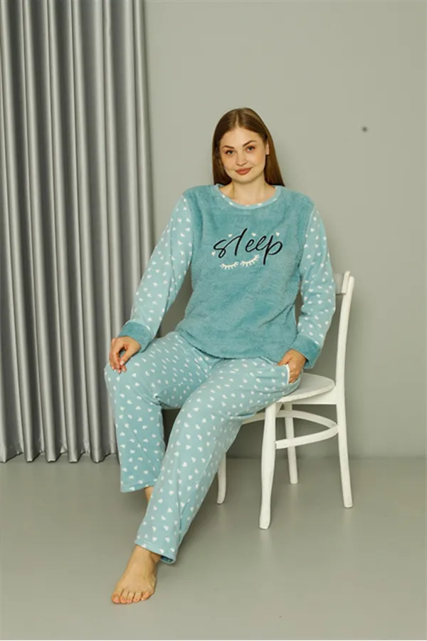 Moda Çizgi Welsoft Polar Kadın Büyük Beden Su Yeşili Pijama Takımı 808046