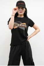 Moda Çizgi Shine Baskılı Tshirt Siyah