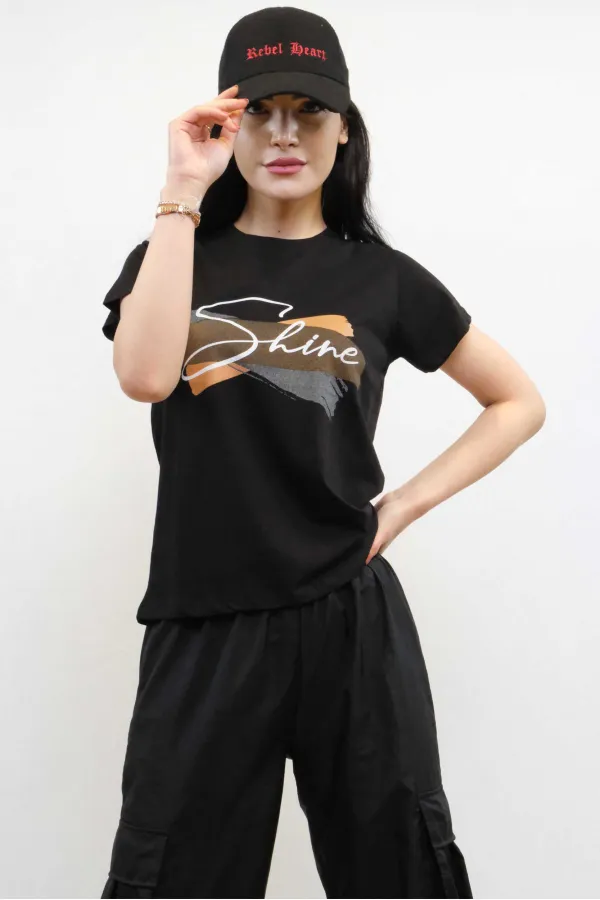 Moda Çizgi Shine Baskılı Tshirt Siyah