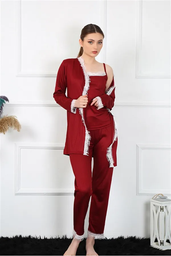 Moda Çizgi Kadın 3lü Bordo Sabahlık Takım 16108