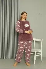 Moda Çizgi Welsoft Polar Kadın Büyük Beden Lila Pijama Takımı 808044