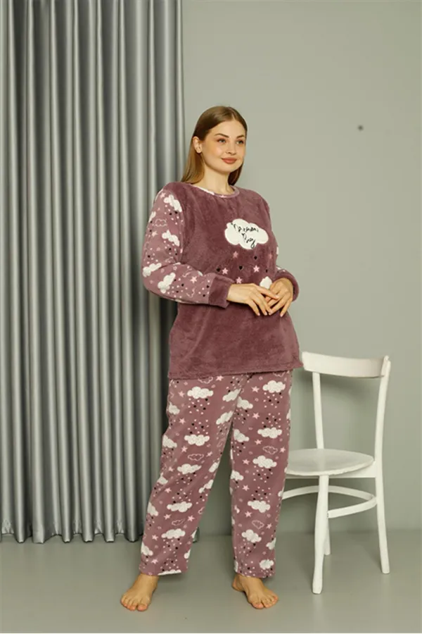 Moda Çizgi Welsoft Polar Kadın Büyük Beden Lila Pijama Takımı 808044