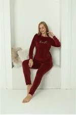 Moda Çizgi Kadın Kadife Bordo Pijama Takım 20624