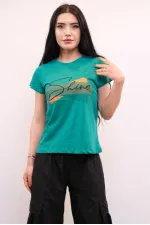 Moda Çizgi Shine Baskılı Tshirt Yeşil