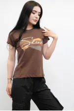 Moda Çizgi Shine Baskılı Tshirt Kahve