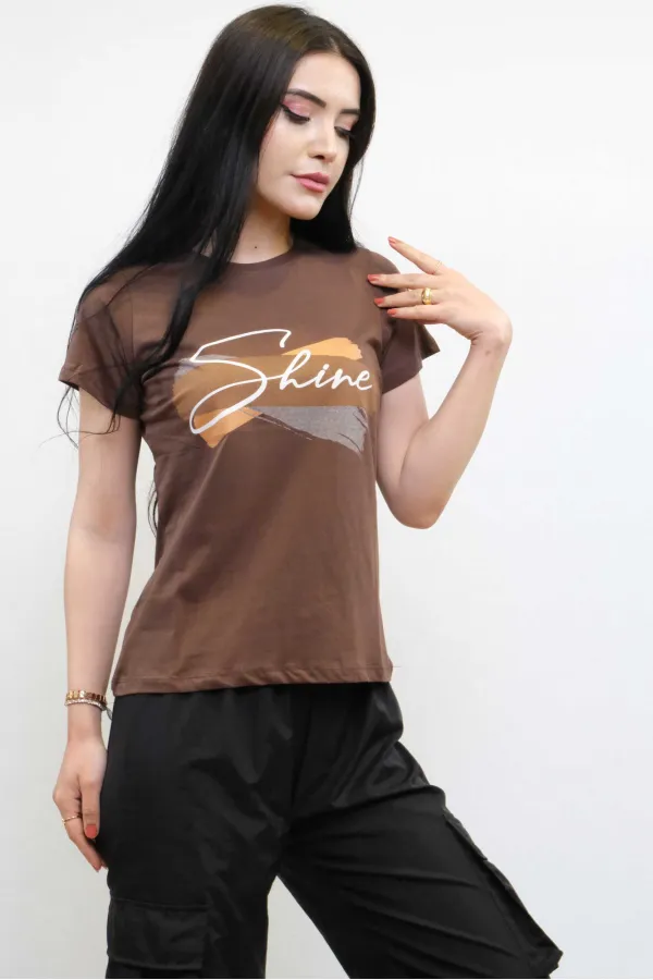 Moda Çizgi Shine Baskılı Tshirt Kahve